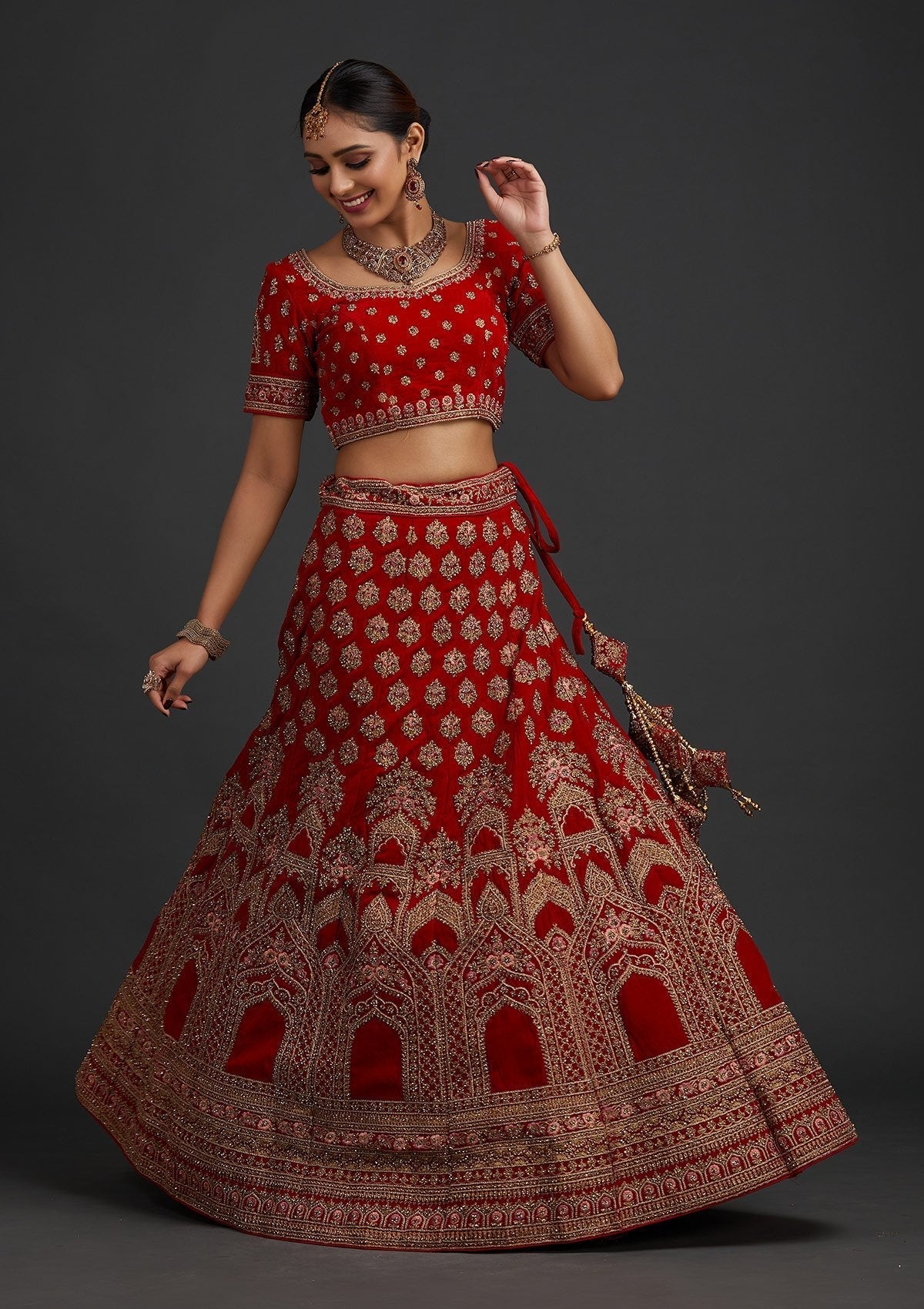 Red Stonework Velvet Designer Semi-Stitched Lehenga - koskii