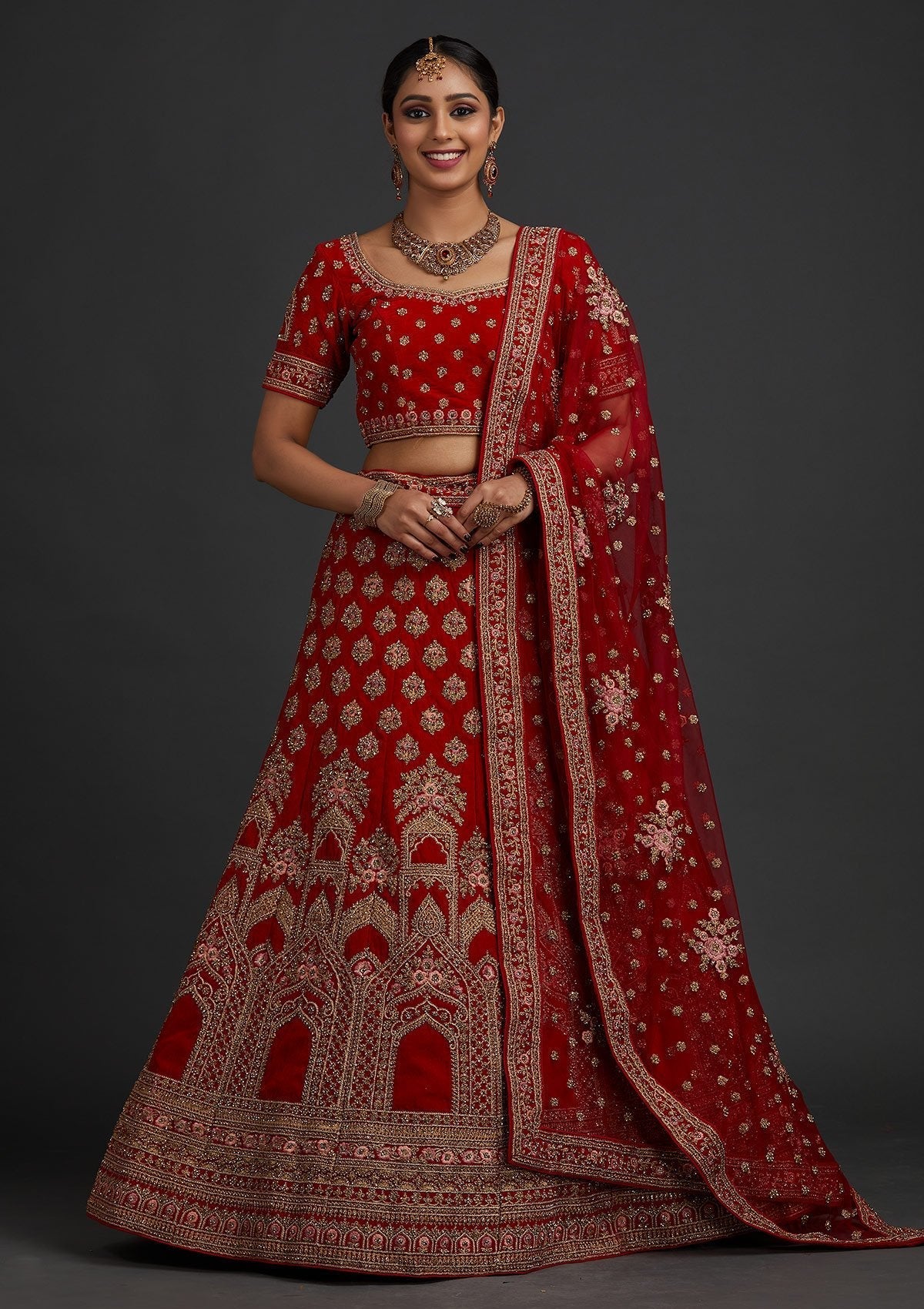 Red Stonework Velvet Designer Semi-Stitched Lehenga - koskii