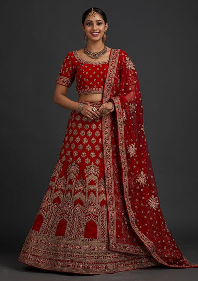 Red Stonework Velvet Designer Semi-Stitched Lehenga - koskii