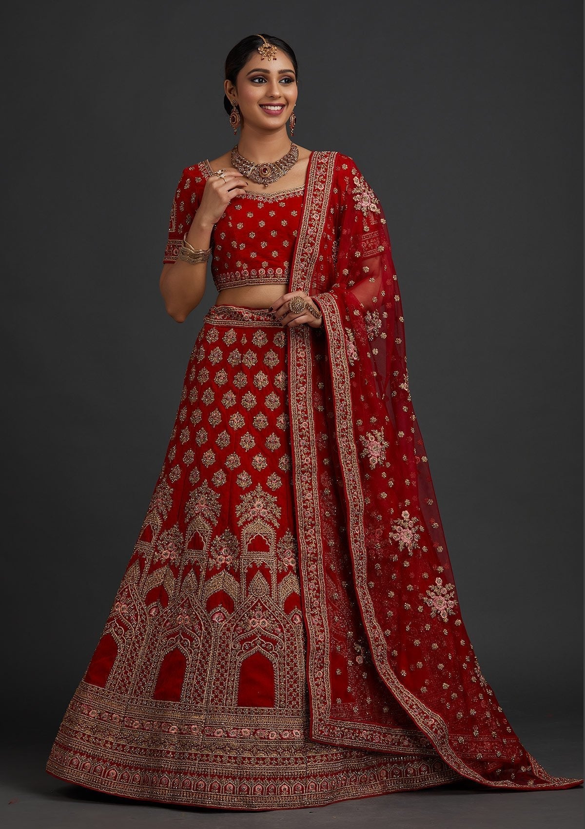 Red Stonework Velvet Designer Semi-Stitched Lehenga - koskii