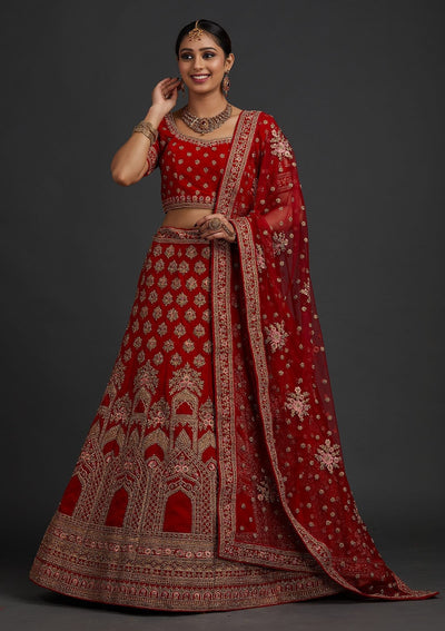 Red Stonework Velvet Designer Semi-Stitched Lehenga - koskii