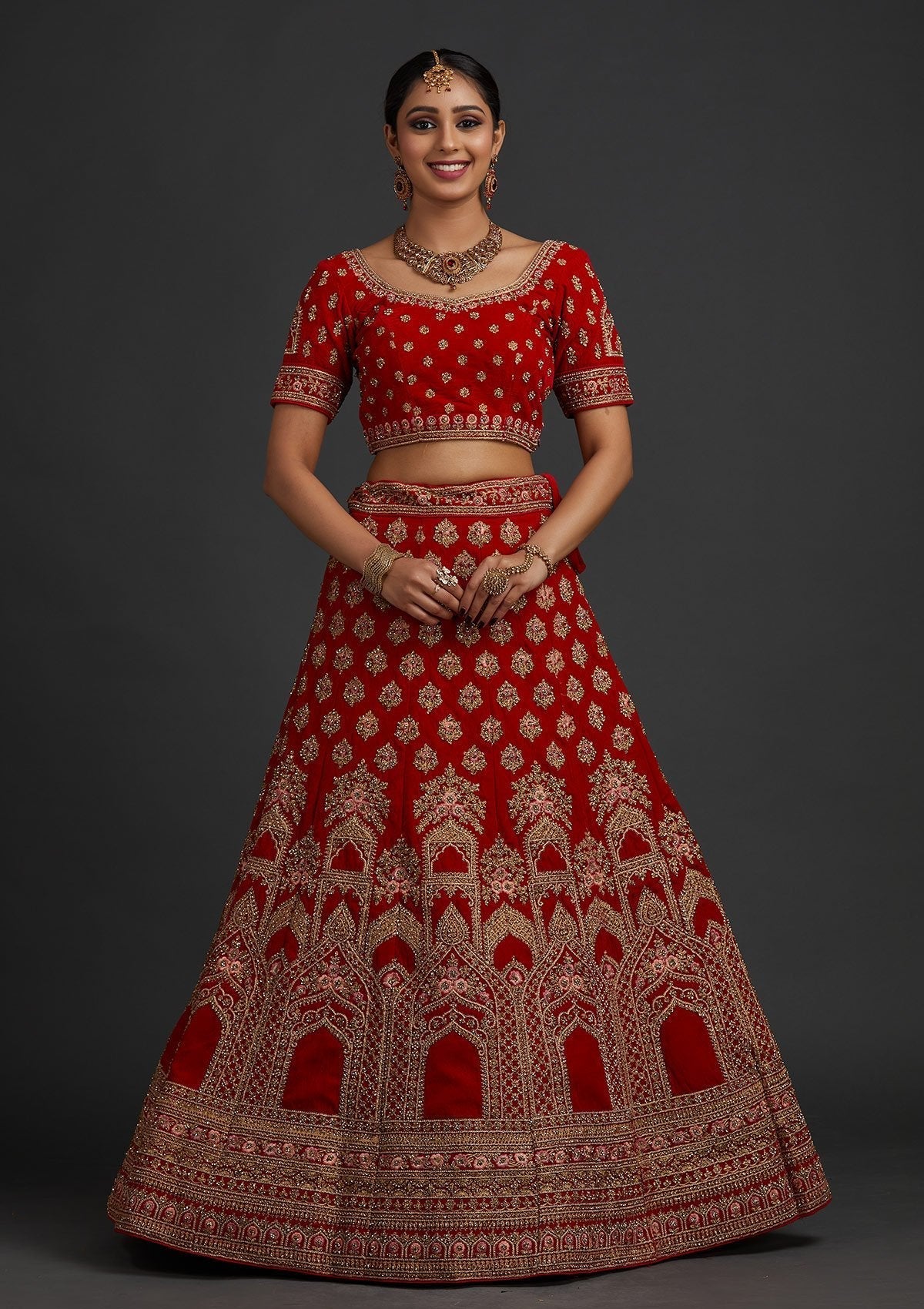 Red Stonework Velvet Designer Semi-Stitched Lehenga - koskii