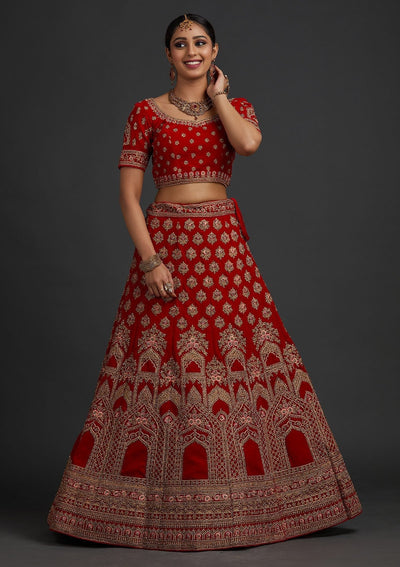 Red Stonework Velvet Designer Semi-Stitched Lehenga - koskii