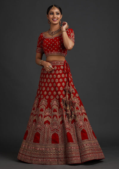 Red Stonework Velvet Designer Semi-Stitched Lehenga - koskii