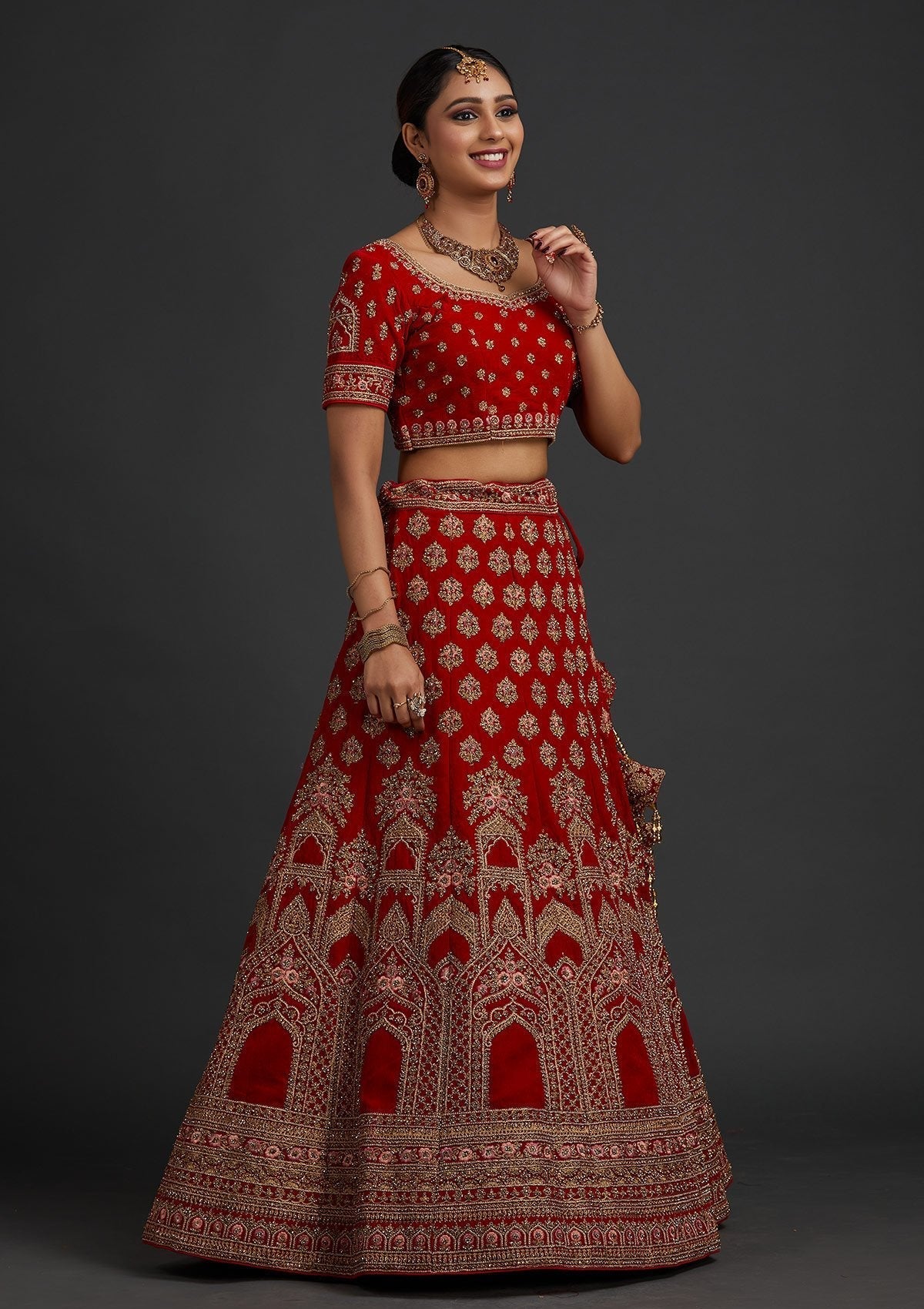 Red Stonework Velvet Designer Semi-Stitched Lehenga - koskii