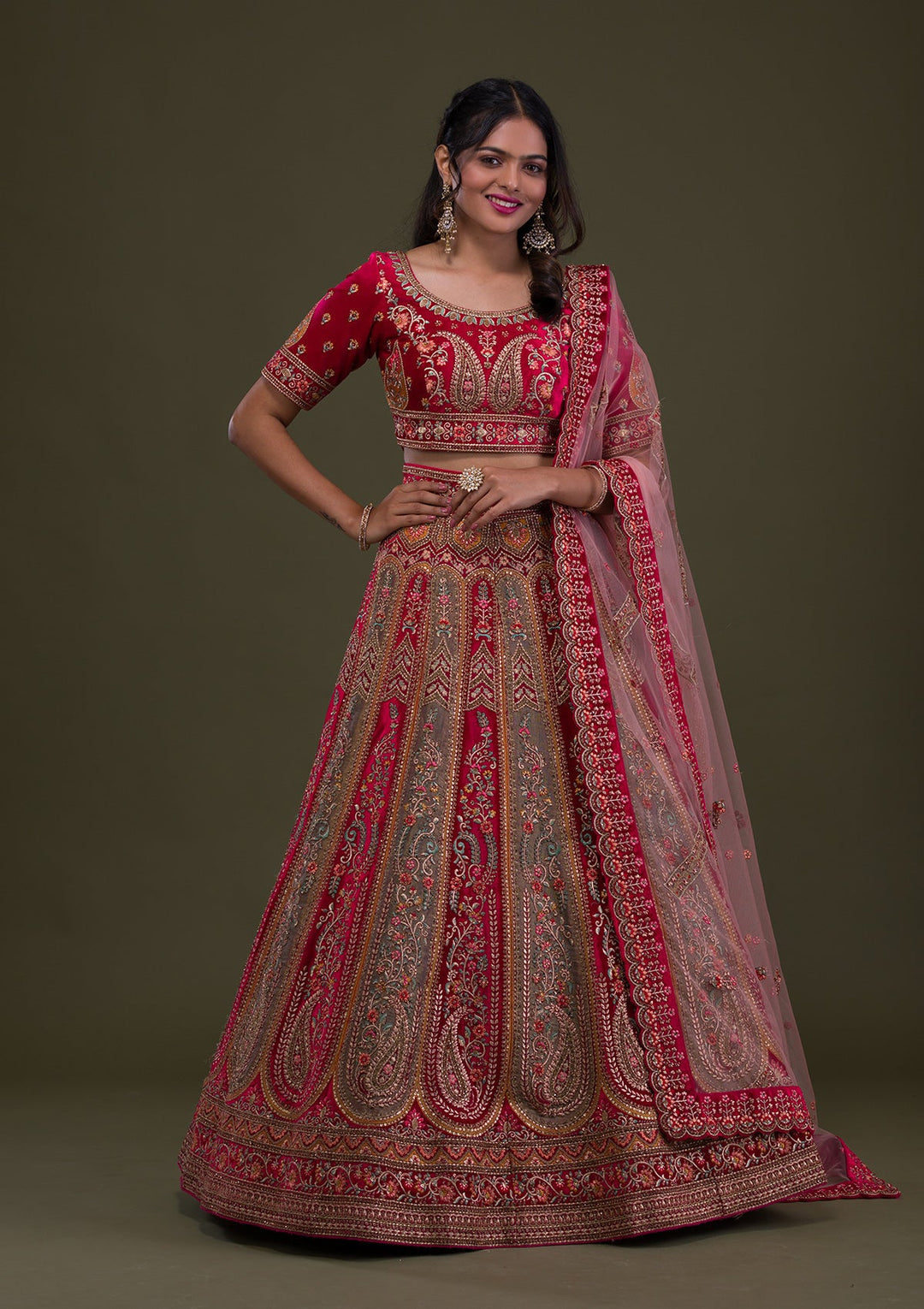 Red Stonework Velvet Semi-Stitched Lehenga-Koskii