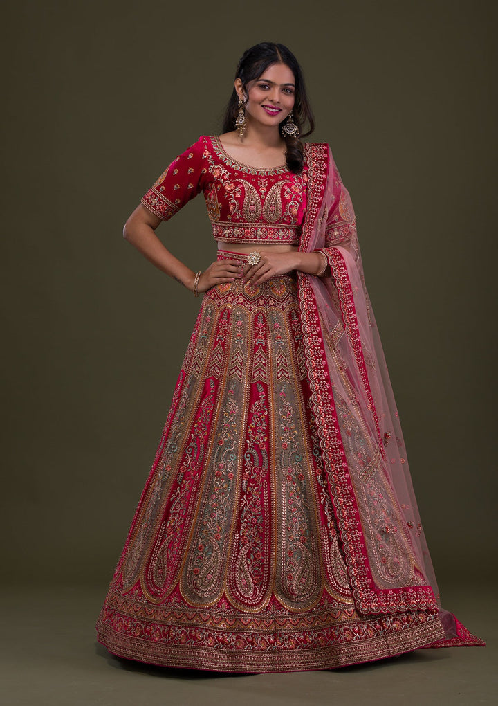 Red Stonework Velvet Semi-Stitched Lehenga-Koskii