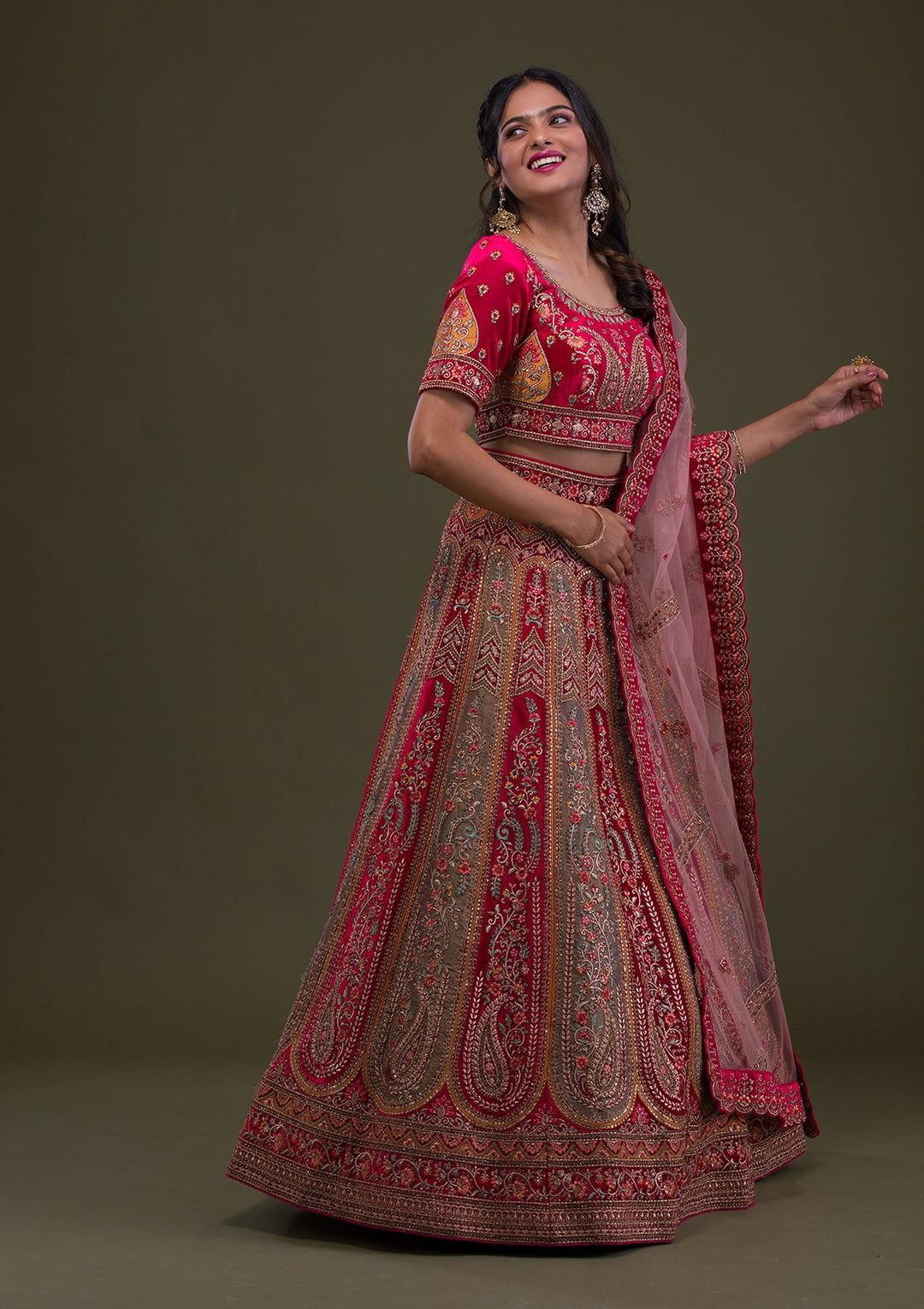 Red Stonework Velvet Semi-Stitched Lehenga-Koskii
