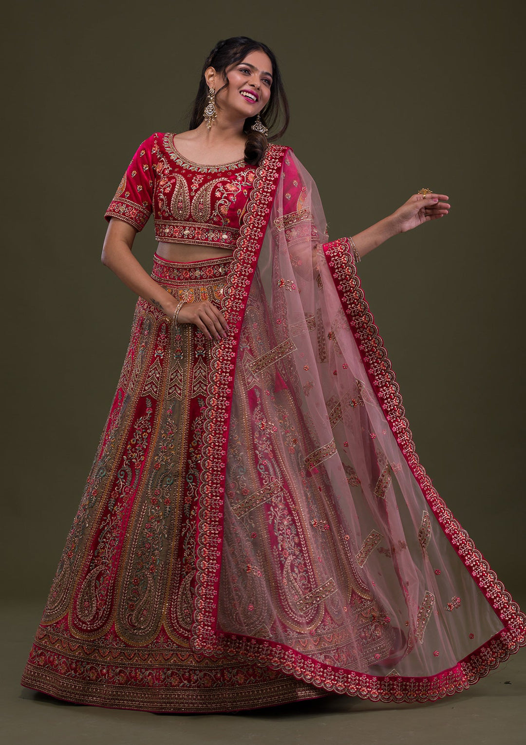 Red Stonework Velvet Semi-Stitched Lehenga-Koskii