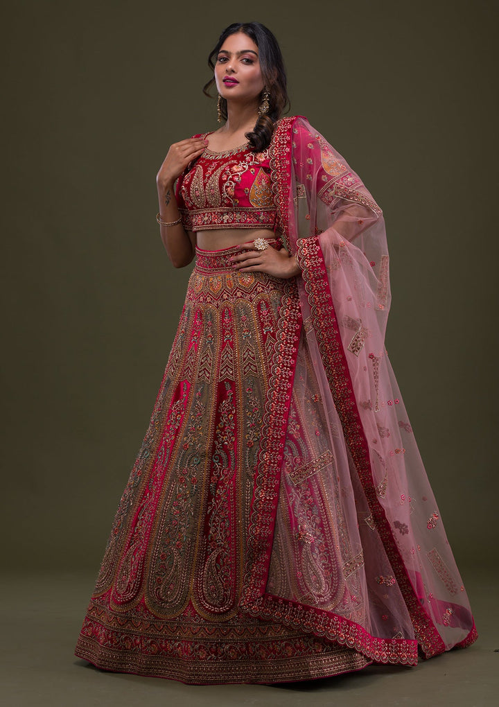 Red Stonework Velvet Semi-Stitched Lehenga-Koskii