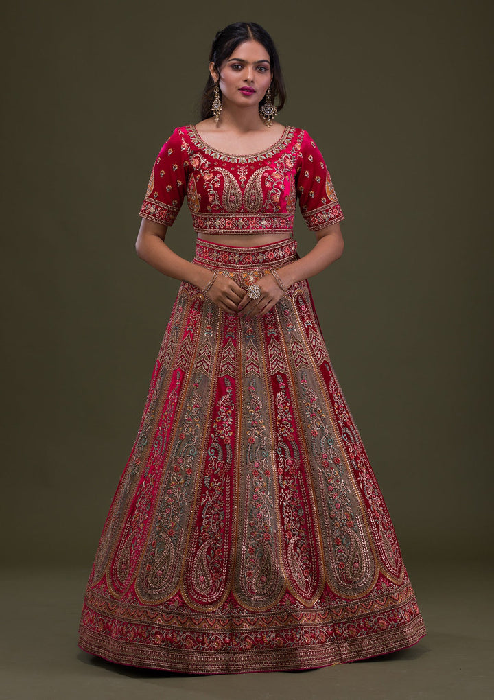 Red Stonework Velvet Semi-Stitched Lehenga-Koskii