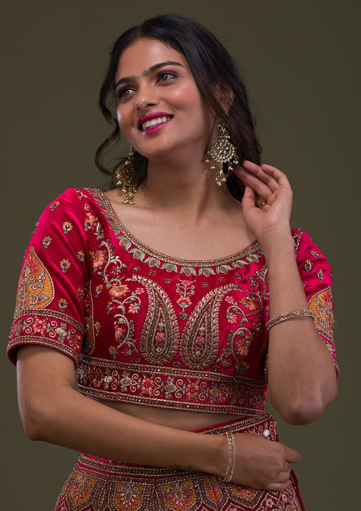 Red Stonework Velvet Semi-Stitched Lehenga-Koskii