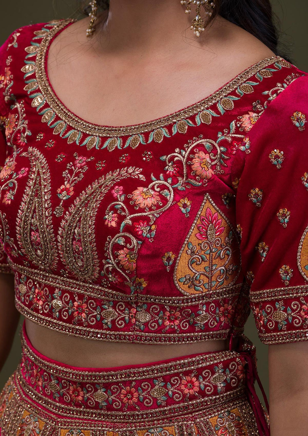 Red Stonework Velvet Semi-Stitched Lehenga-Koskii