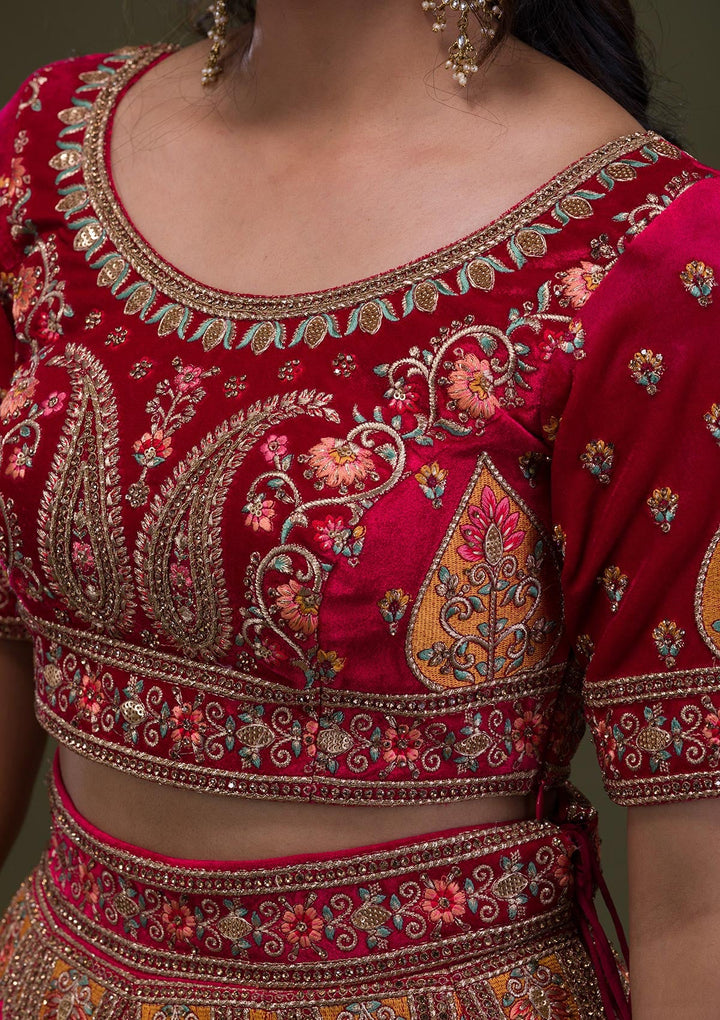 Red Stonework Velvet Semi-Stitched Lehenga-Koskii