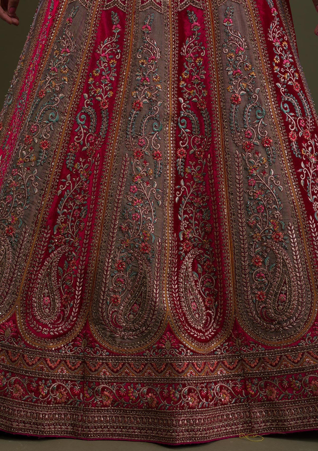 Red Stonework Velvet Semi-Stitched Lehenga-Koskii