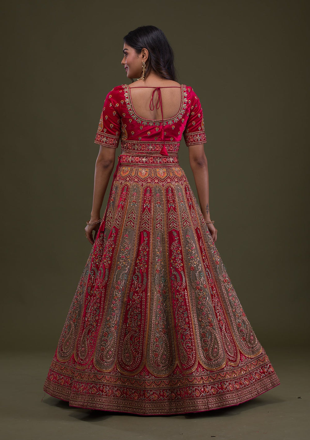 Red Stonework Velvet Semi-Stitched Lehenga-Koskii