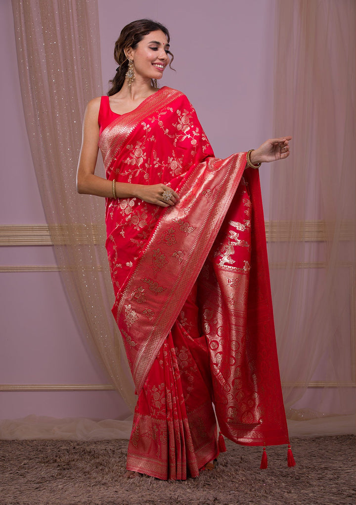 Red Swarovski Banarasi Saree-Koskii