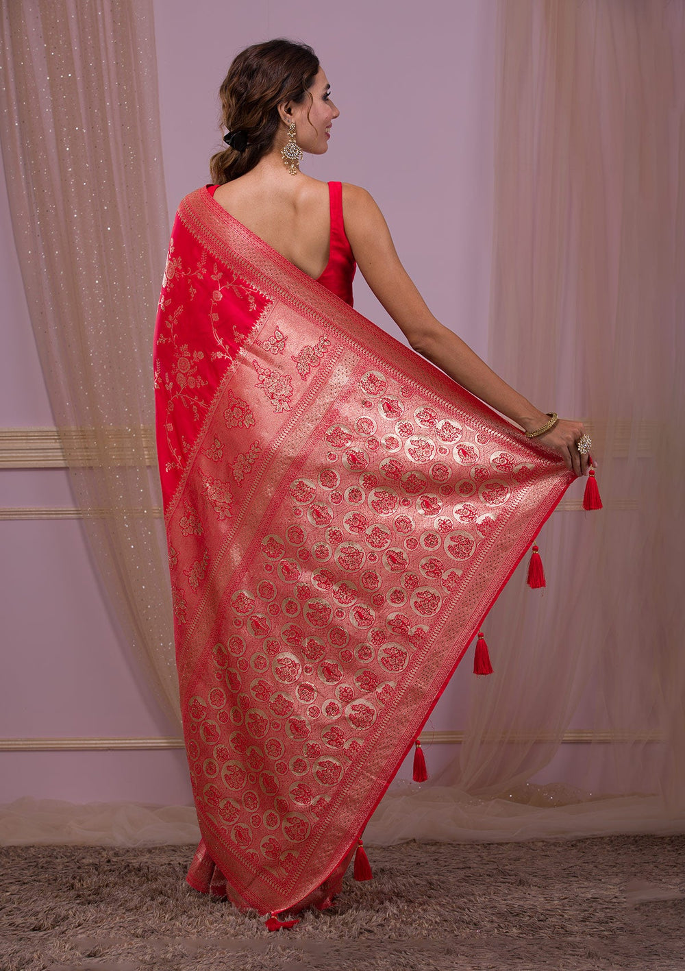 Red Swarovski Banarasi Saree-Koskii
