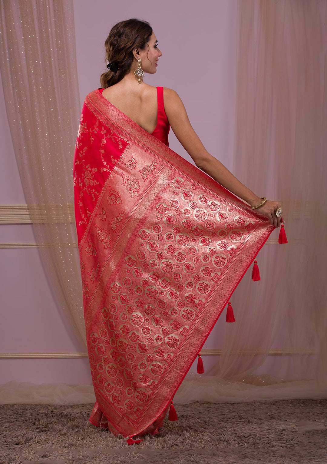 Red Swarovski Banarasi Saree-Koskii