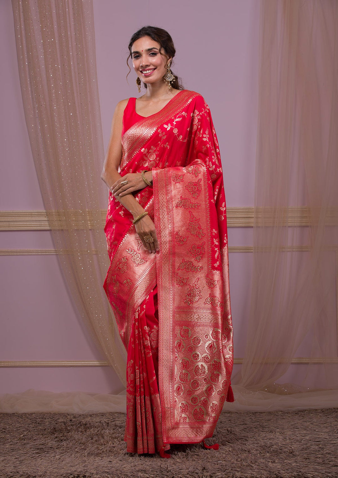 Red Swarovski Banarasi Saree-Koskii