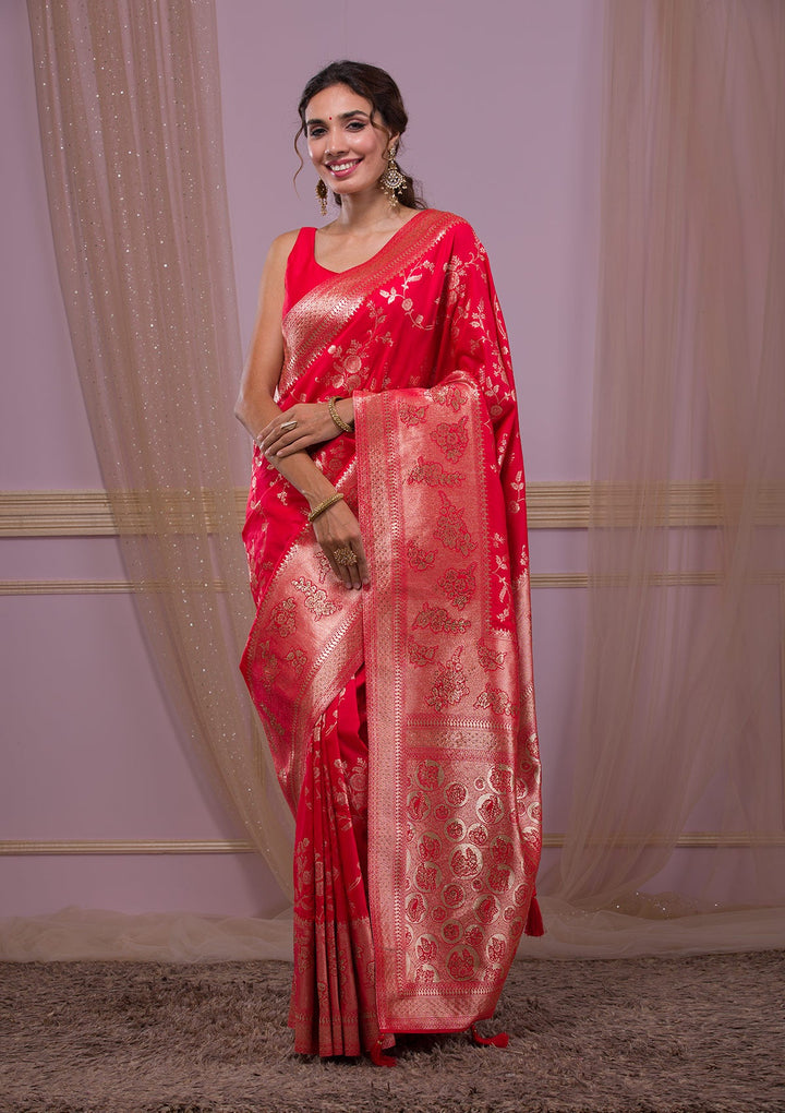 Red Swarovski Banarasi Saree-Koskii