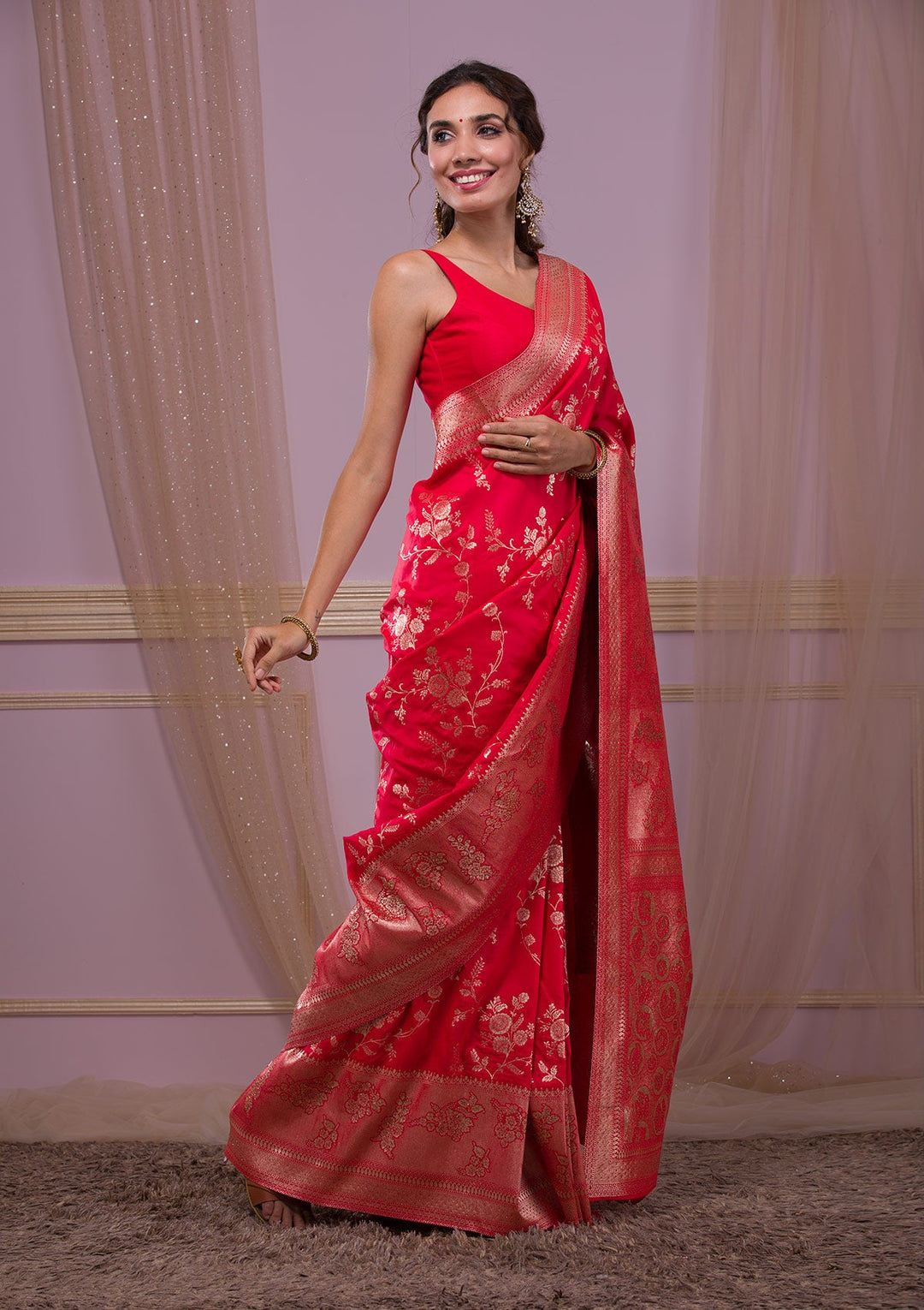 Red Swarovski Banarasi Saree-Koskii