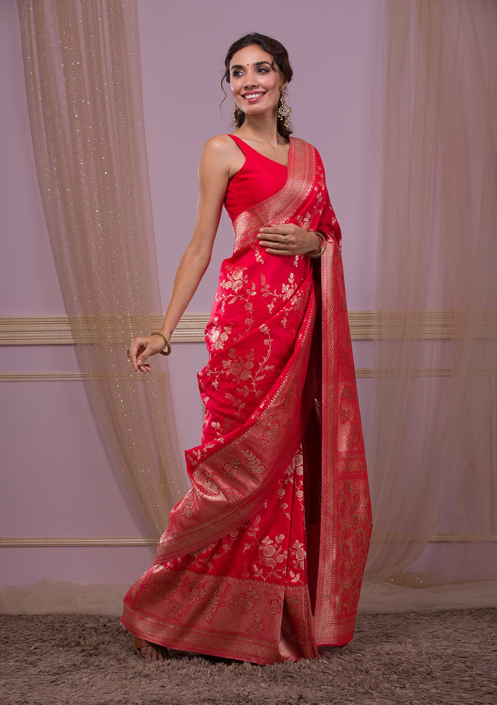 Red Swarovski Banarasi Saree-Koskii