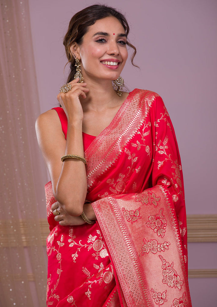 Red Swarovski Banarasi Saree-Koskii