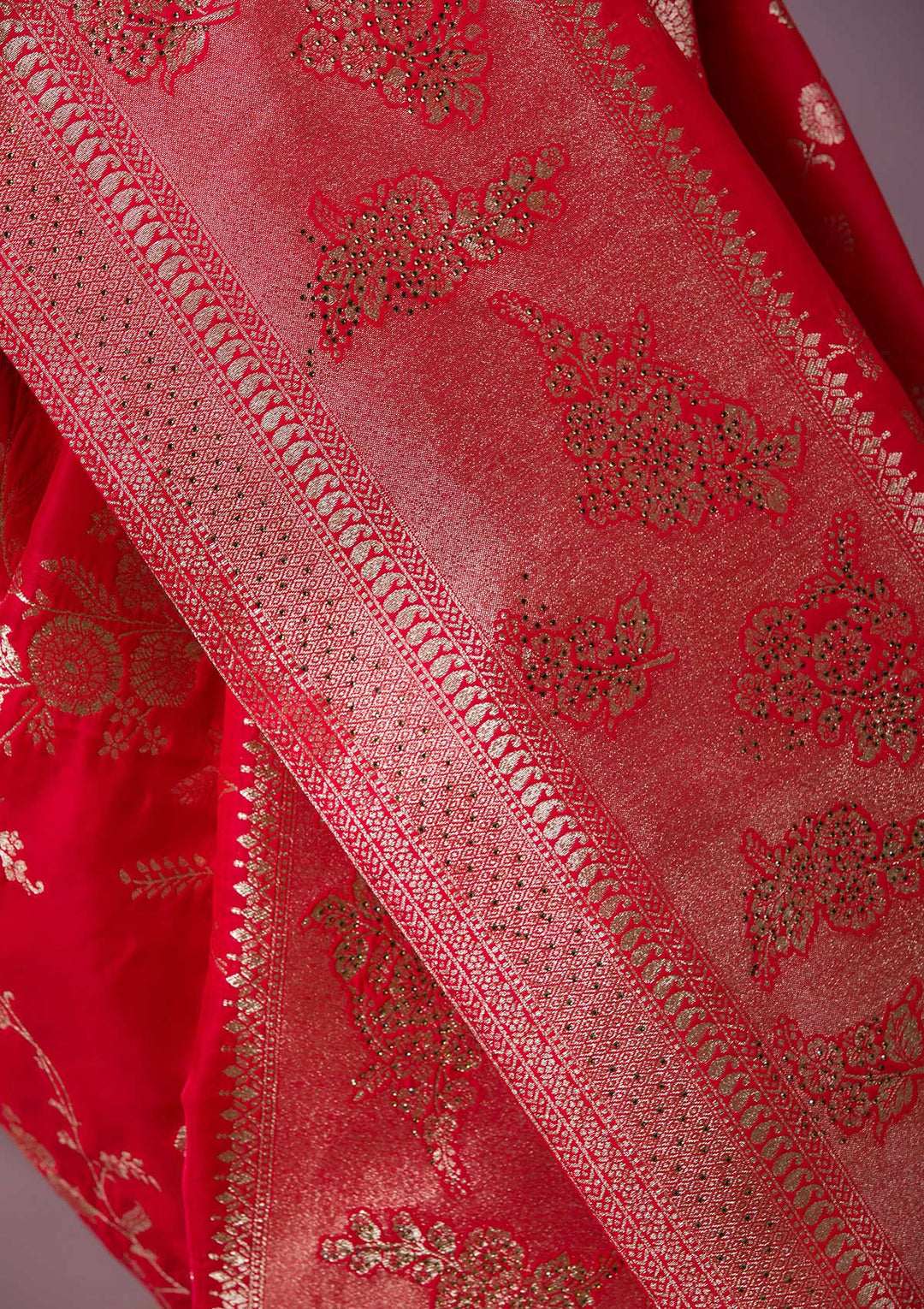 Red Swarovski Banarasi Saree-Koskii
