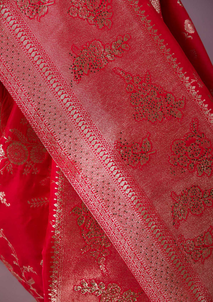 Red Swarovski Banarasi Saree-Koskii