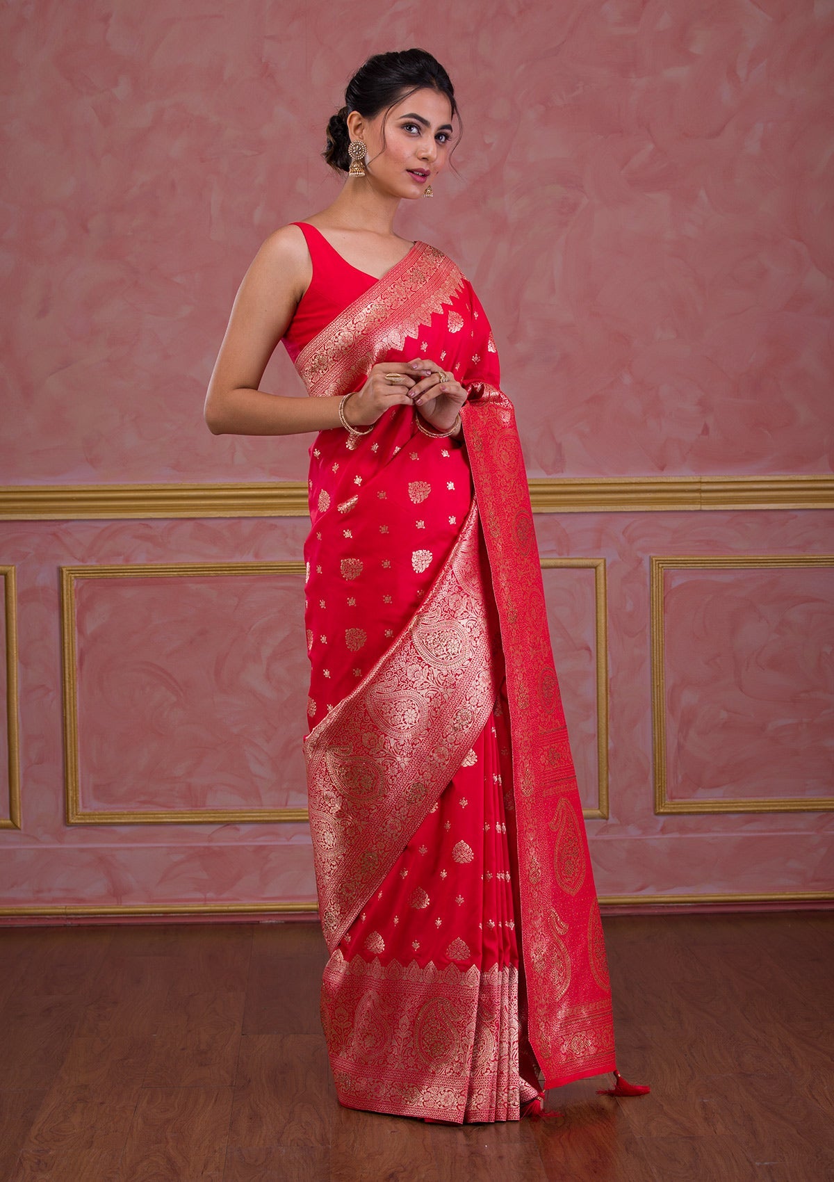 Red Swarovski Banarasi Saree-Koskii