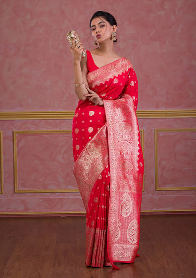 Red Swarovski Banarasi Saree-Koskii