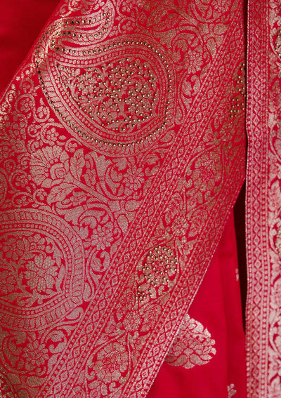 Red Swarovski Banarasi Saree-Koskii