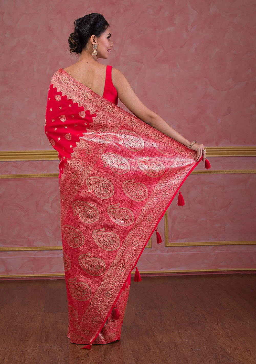 Red Swarovski Banarasi Saree-Koskii