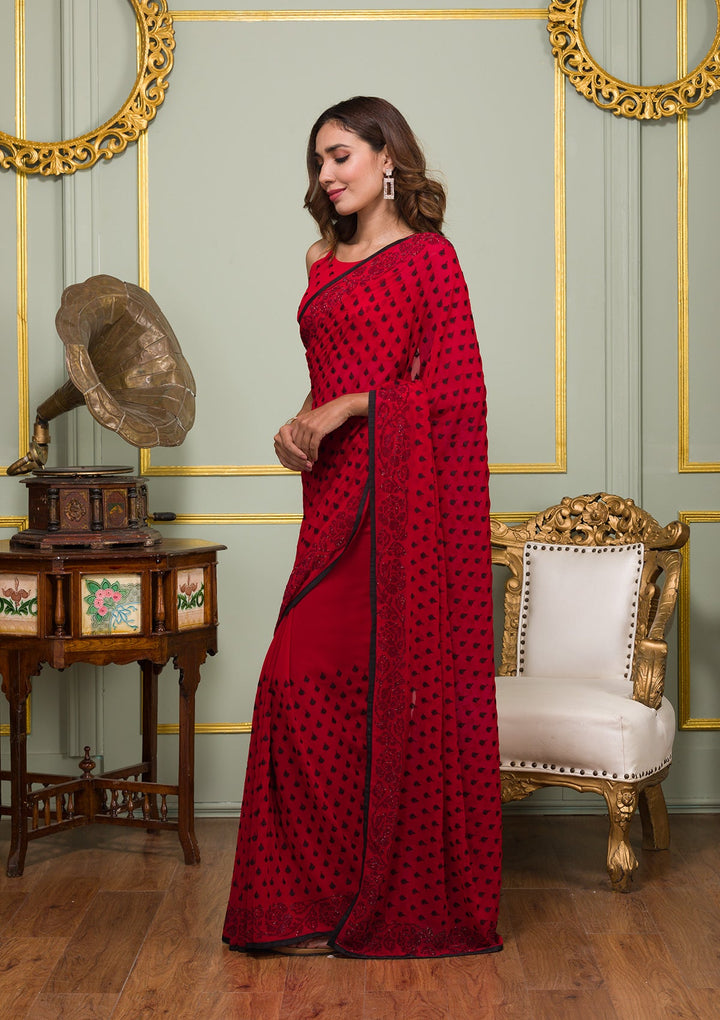 Red Swarovski Georgette Saree-Koskii
