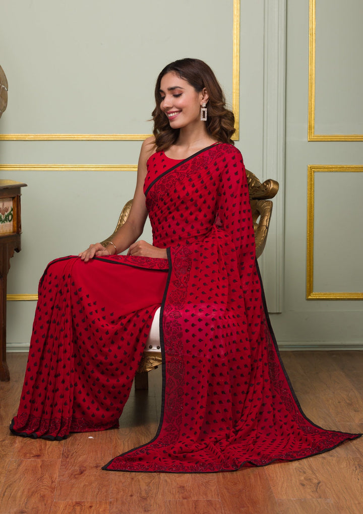 Red Swarovski Georgette Saree-Koskii