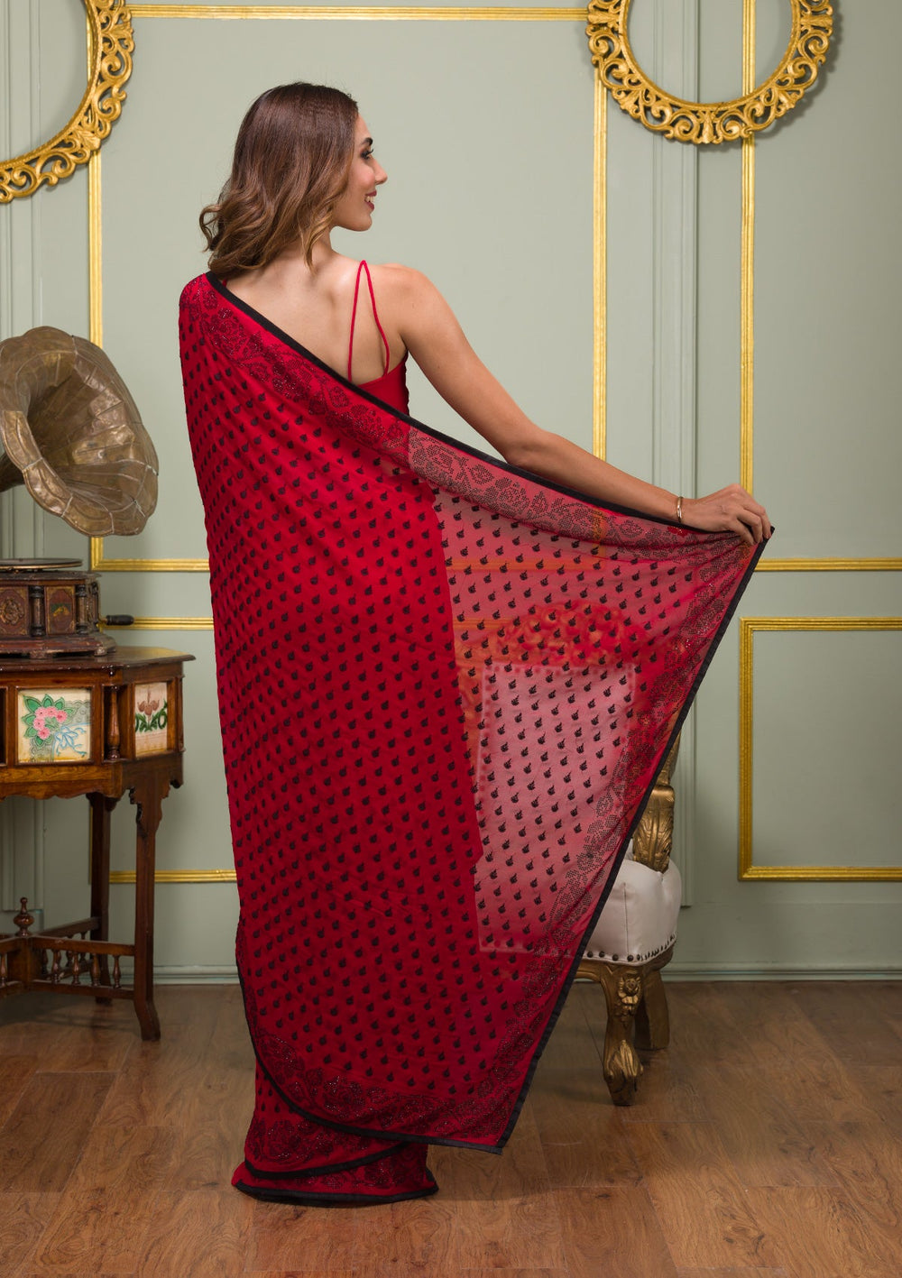 Red Swarovski Georgette Saree-Koskii