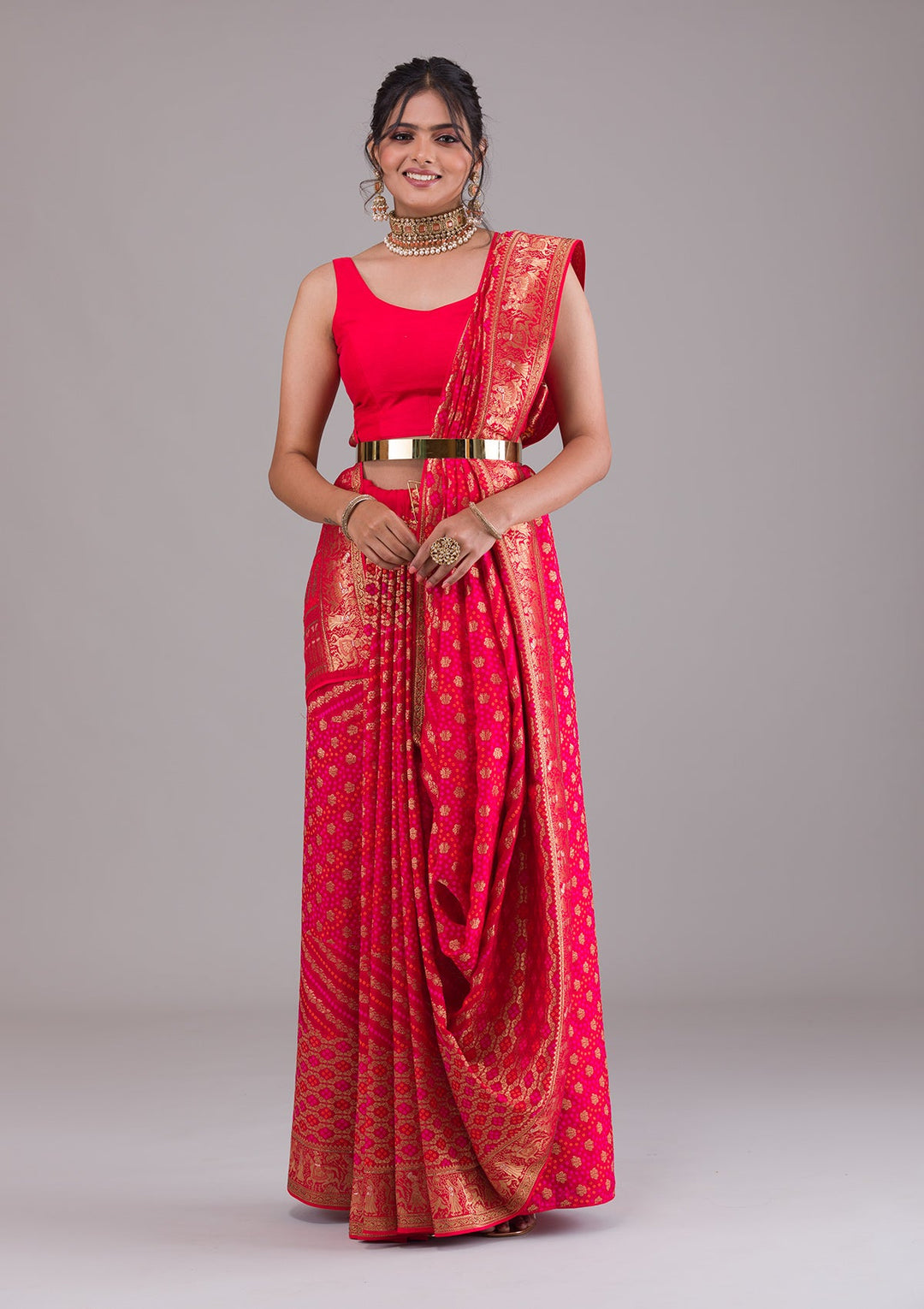 Red Swarovski Raw Silk Saree-Koskii