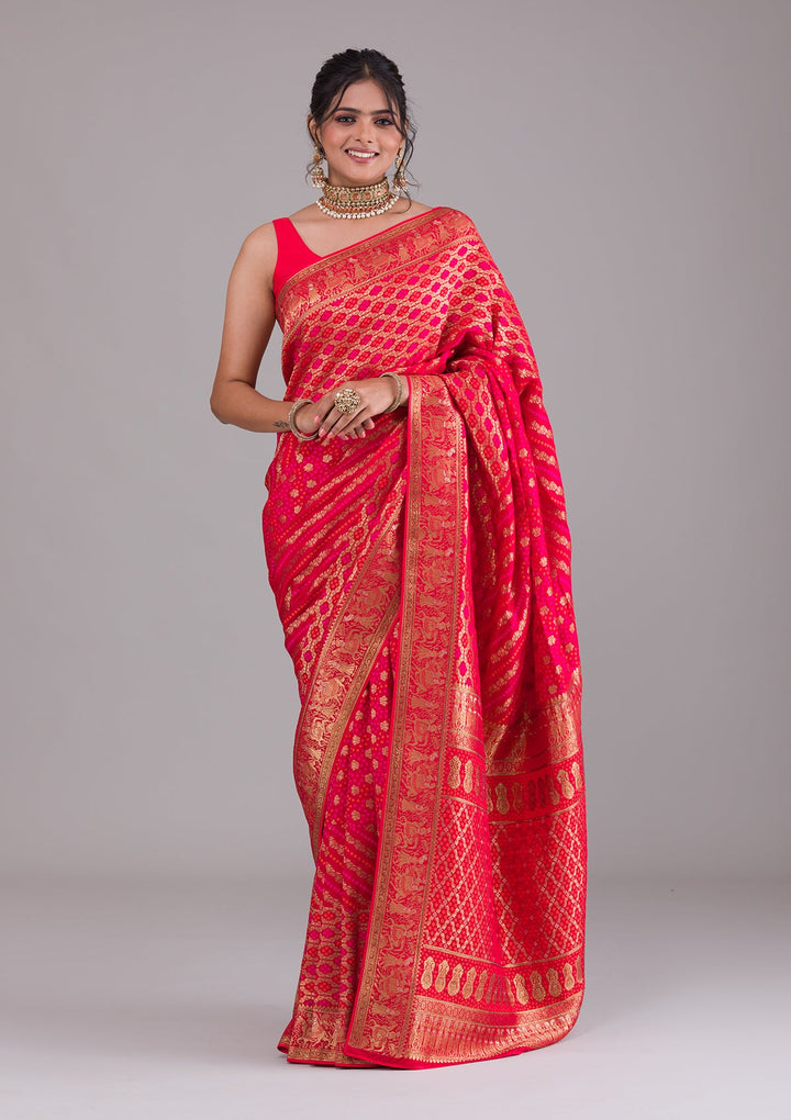 Red Swarovski Raw Silk Saree-Koskii