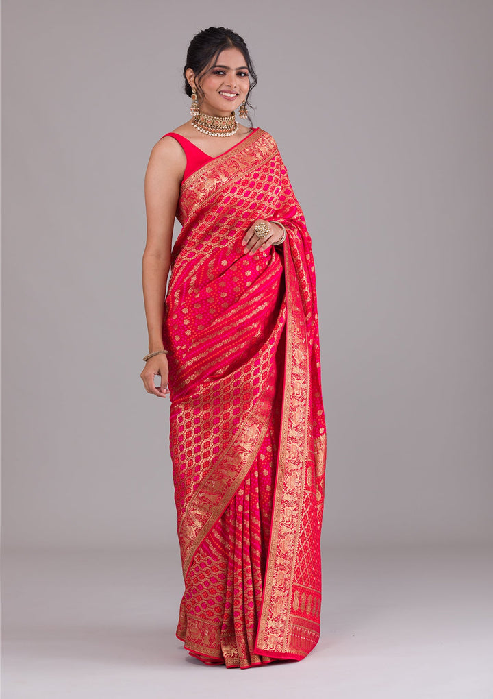 Red Swarovski Raw Silk Saree-Koskii