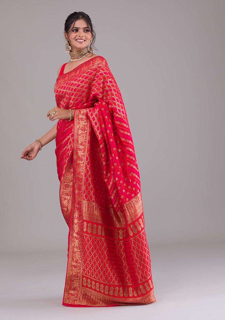 Red Swarovski Raw Silk Saree-Koskii