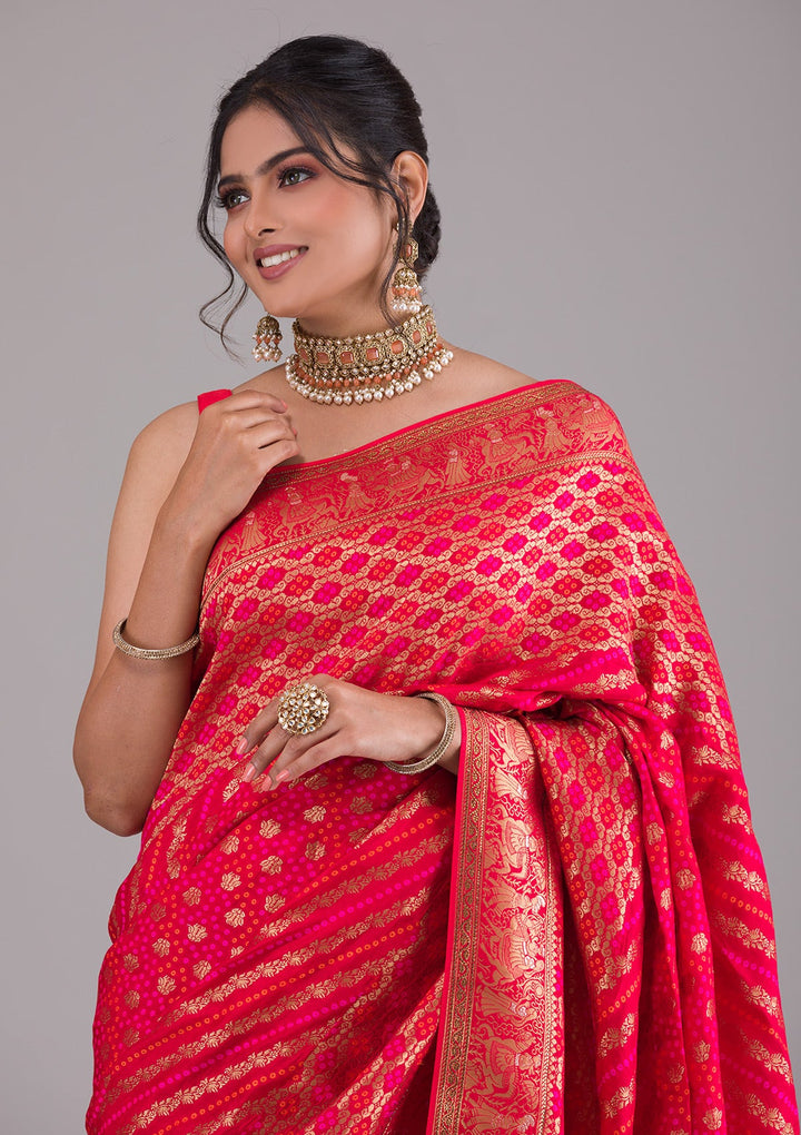 Red Swarovski Raw Silk Saree-Koskii