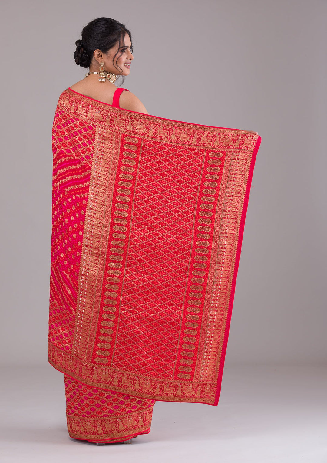 Red Swarovski Raw Silk Saree-Koskii
