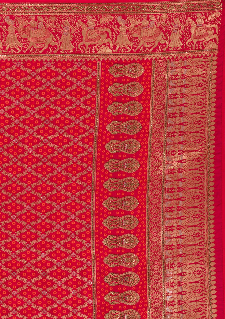 Red Swarovski Raw Silk Saree-Koskii