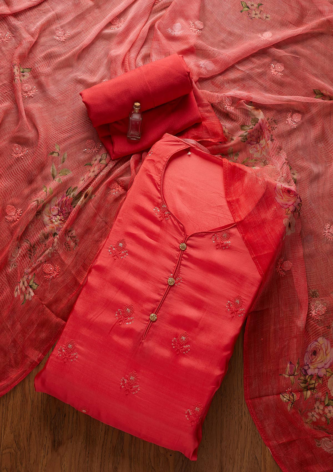 Red Swarovski Satin Designer Unstitched Salwar Suit - koskii