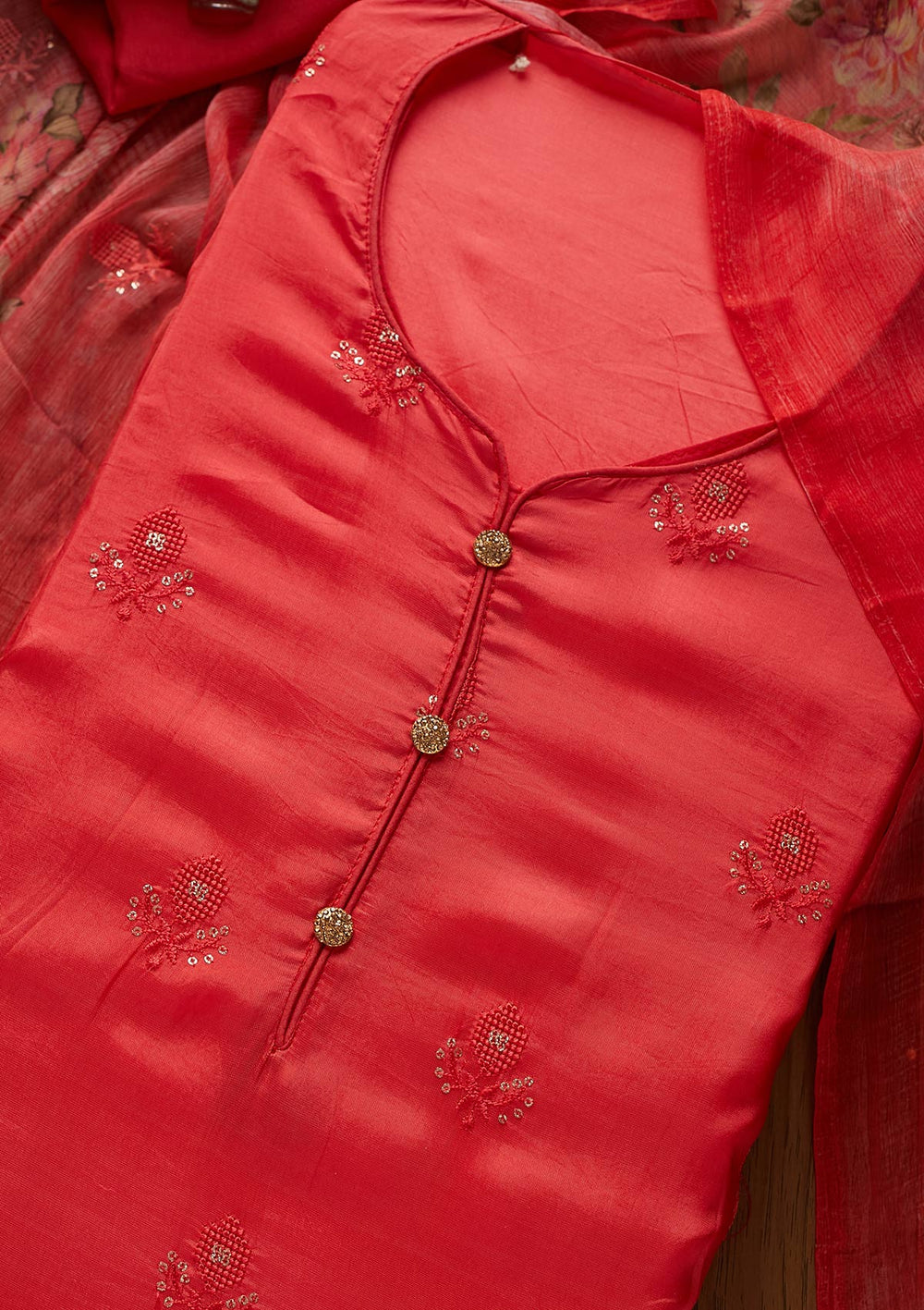 Red Swarovski Satin Designer Unstitched Salwar Suit - koskii