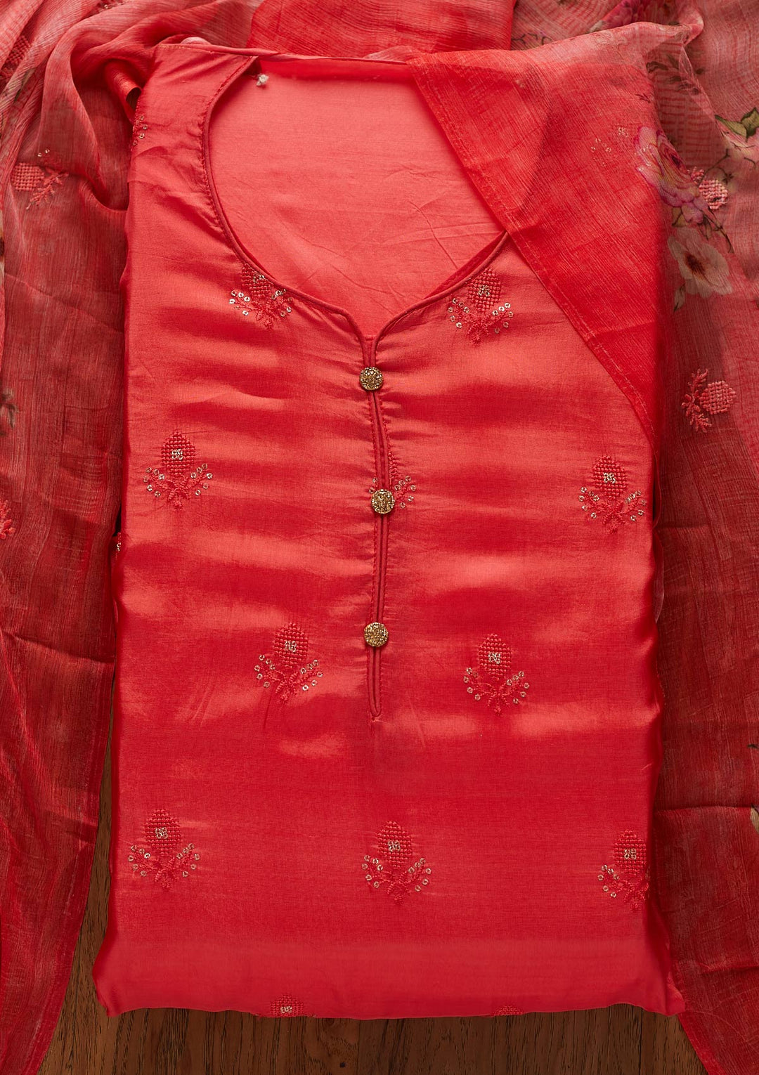 Red Swarovski Satin Designer Unstitched Salwar Suit - koskii