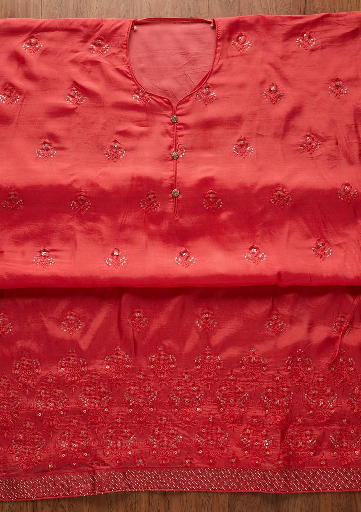 Red Swarovski Satin Designer Unstitched Salwar Suit - koskii