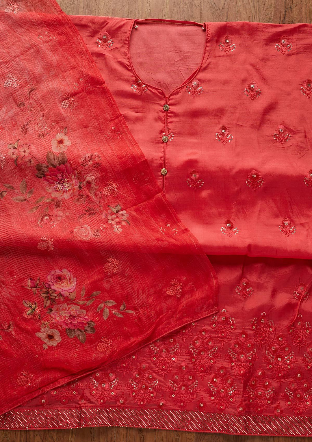 Red Swarovski Satin Designer Unstitched Salwar Suit - koskii