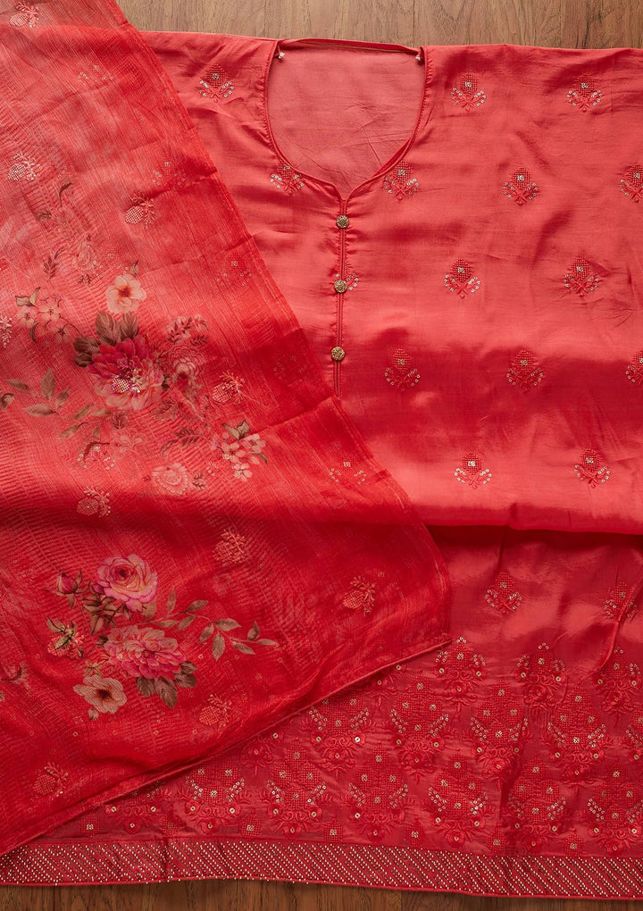 Red Swarovski Satin Designer Unstitched Salwar Suit - koskii